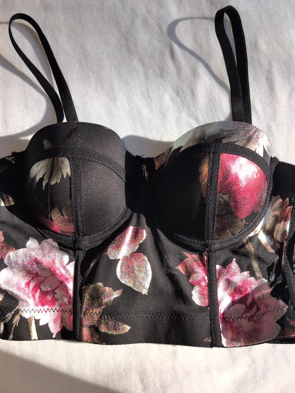 Floral Balconette Bustier Bra in Black and Pink